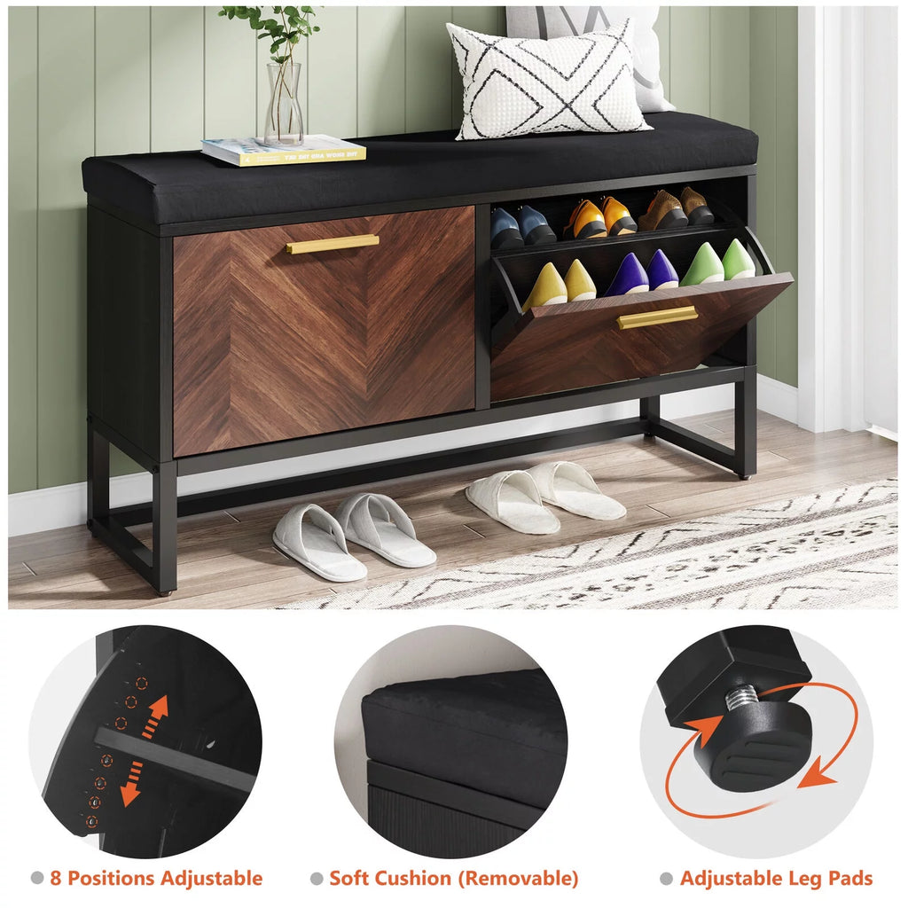 Shoe Storage Bench with Cushion & 2 Flip Drawers Z373259