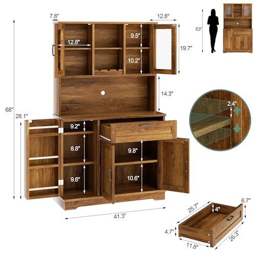Brown Freestanding Kitchen Pantry Storage Cabinet with Microwave Stand, 4 Door Shelves, Adjustable Shelves and Wine Rack R524316
