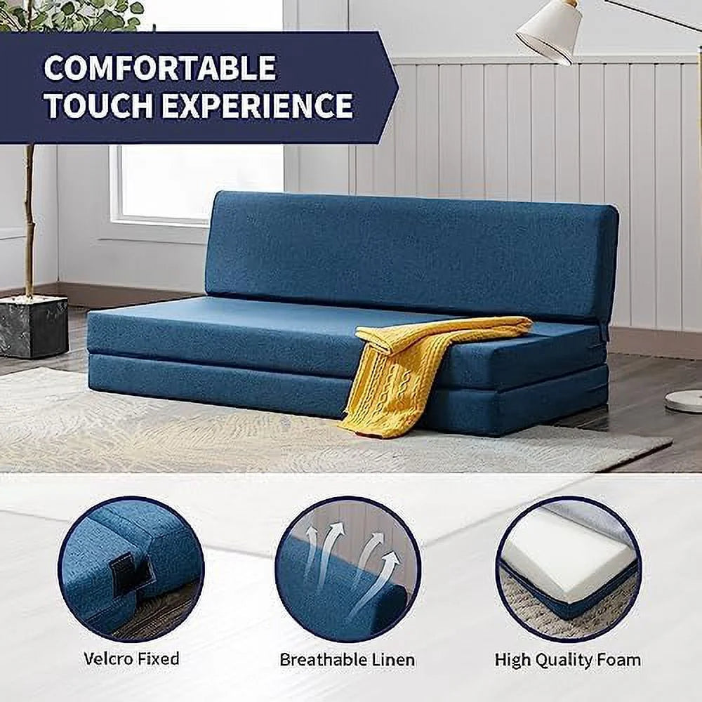 Twin Folding Sofa Couch Bed with Memory Foam Mattress Linen Fabric O60602
