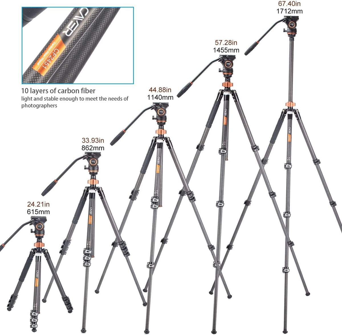 67 inches Carbon Fiber 4-Section Video Tripod with Fluid Drag Head G565365