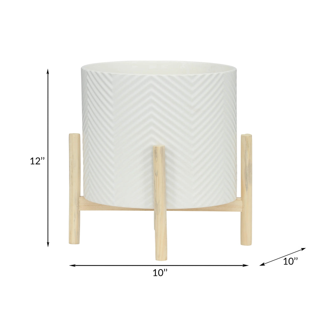 12" Ceramic Chevron Planter with Wood Stand L35383