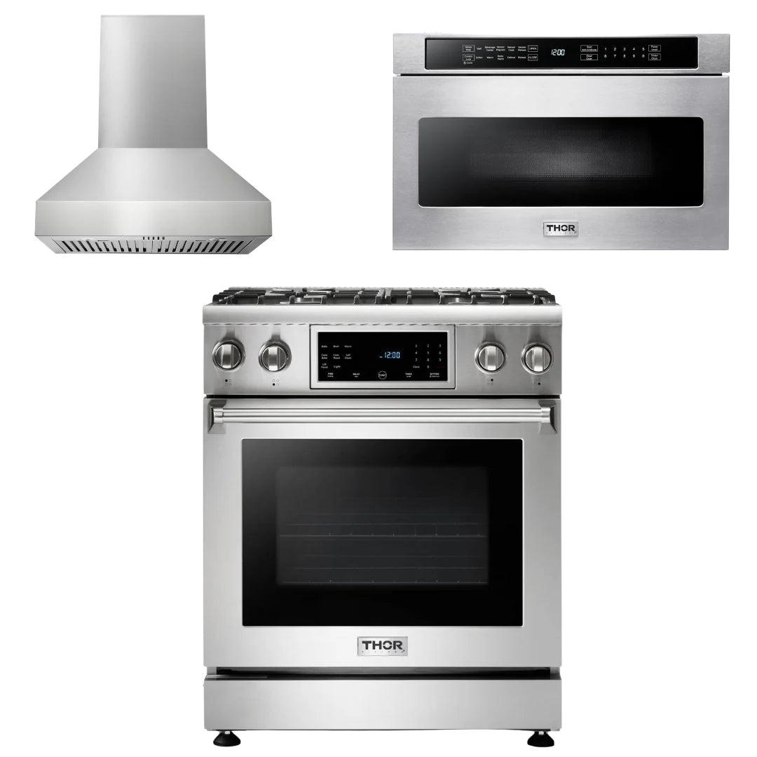 30 In. Propane Gas Range, Range Hood, Microwave Drawer N55999