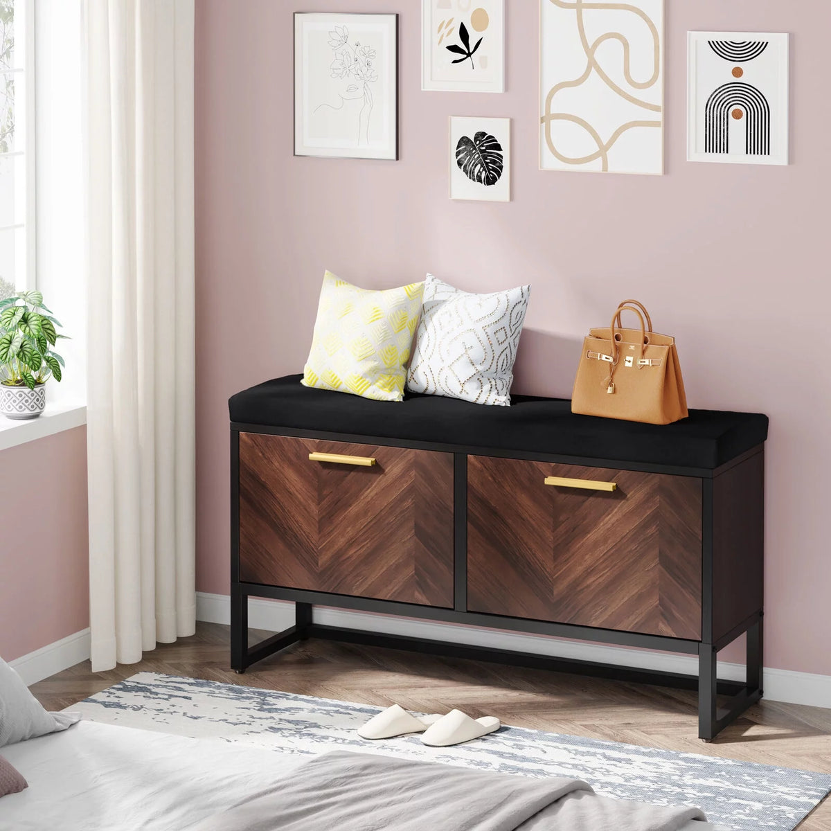 Shoe Storage Bench with Cushion & 2 Flip Drawers Z373259