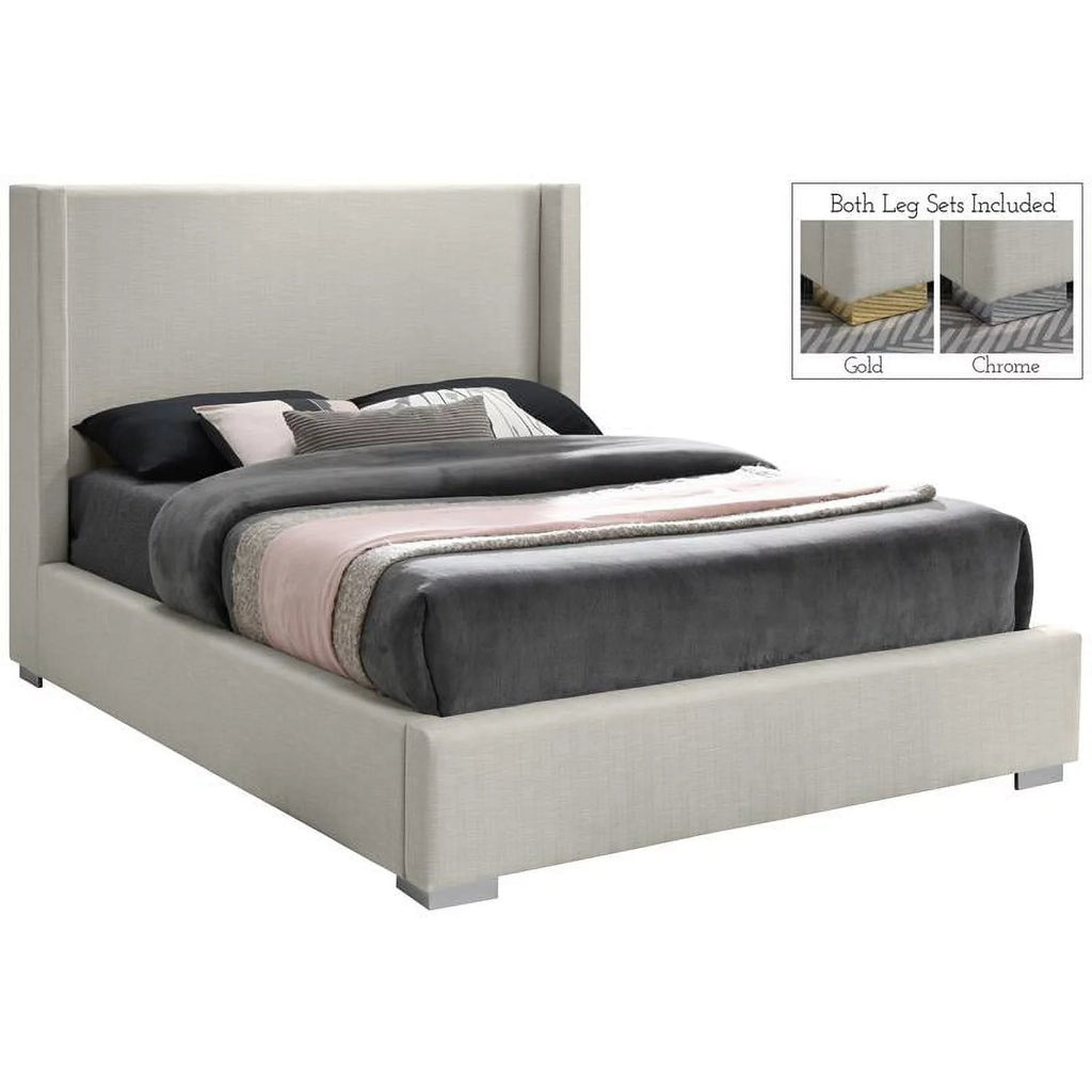 Beige Linen Textured Fabric King Bed E9601