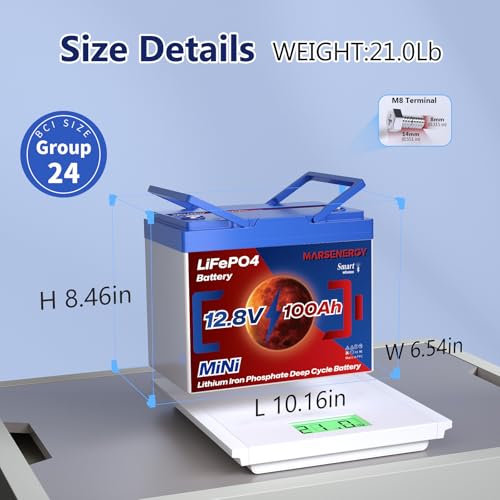 12V 100Ah Lifepo4 Battery, Bci Group 24, Built-In 100A Smart BMS E9866