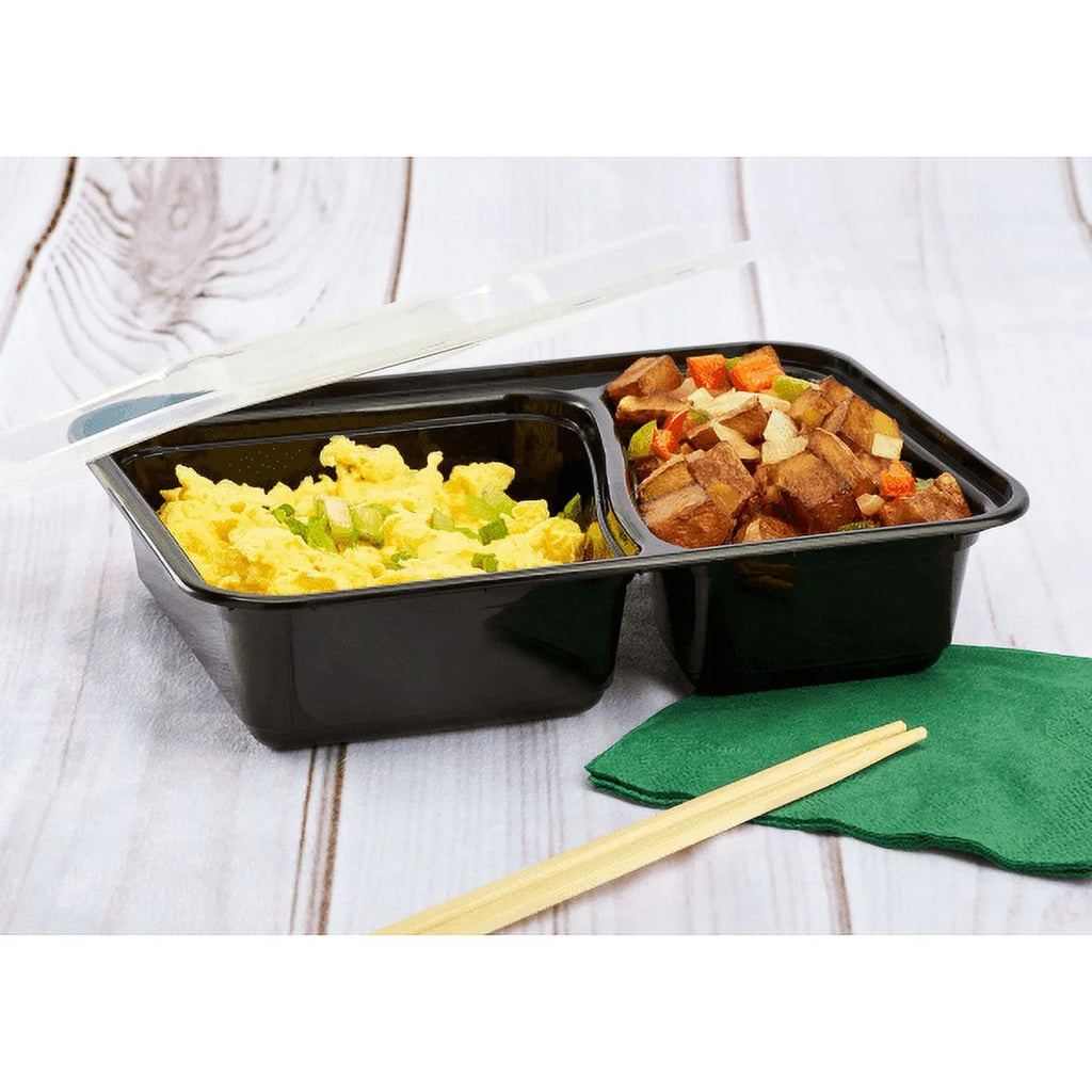38 oz. Black Rectangular 2-Compartment Food Containers with Clear Lids E681