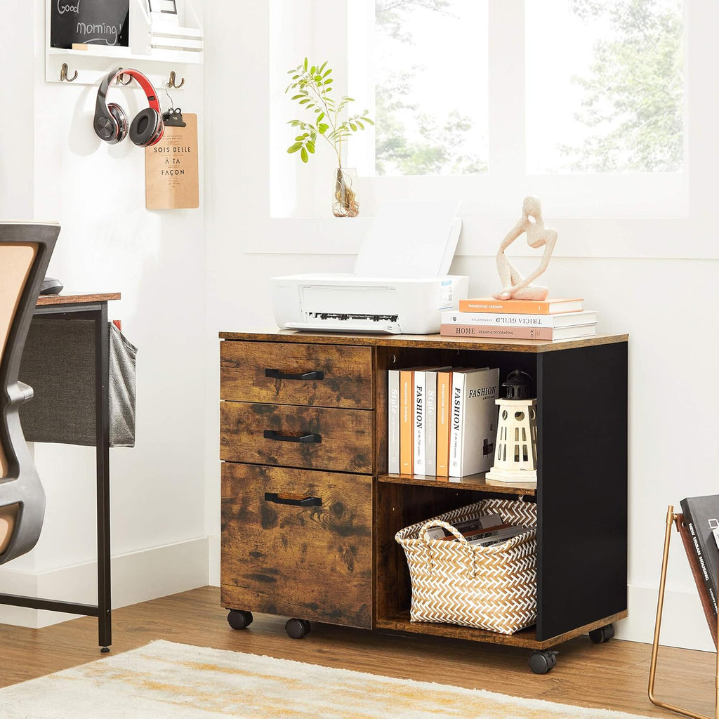 Industrial 3-Drawer Mobile Lateral Filing Cabinet, Rustic Brown and Black R94048