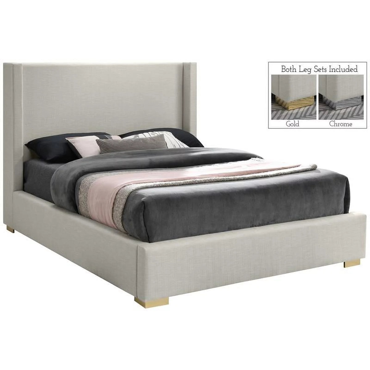 Beige Linen Textured Fabric King Bed E9601