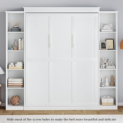 White Queen Murphy Bed Cabinet with 5-Tier Adjustable Storage Shelves E138