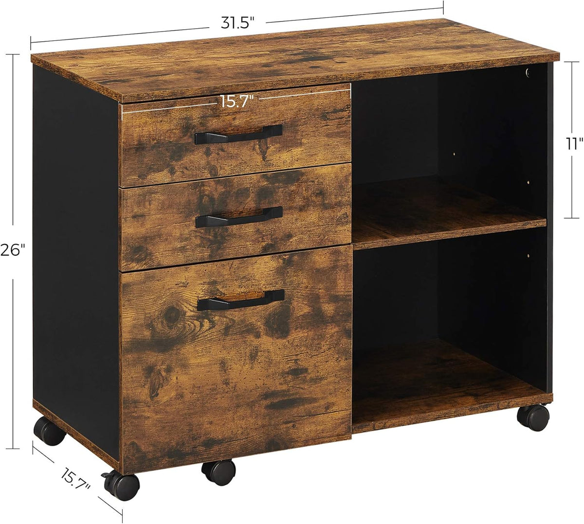 Industrial 3-Drawer Mobile Lateral Filing Cabinet, Rustic Brown and Black R94048