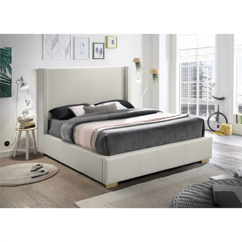 Beige Linen Textured Fabric King Bed E9601