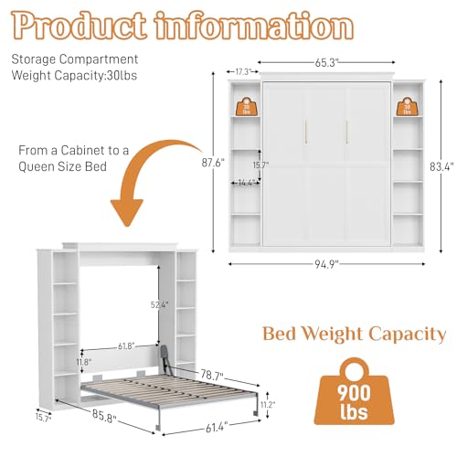 White Queen Murphy Bed Cabinet with 5-Tier Adjustable Storage Shelves E138