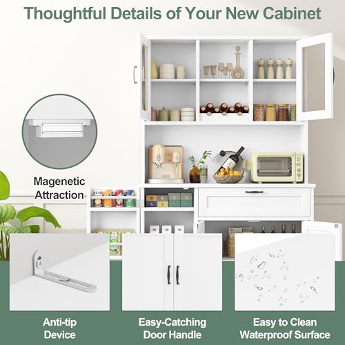 Brown Freestanding Kitchen Pantry Storage Cabinet with Microwave Stand, 4 Door Shelves, Adjustable Shelves and Wine Rack R524316