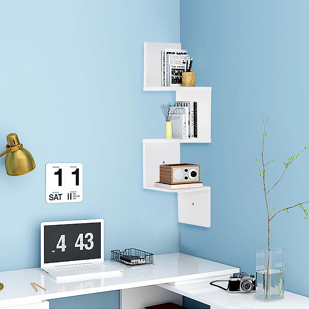 White 3 Tiers Zig Zag Floating Wall Mount Corner Shelf P140085