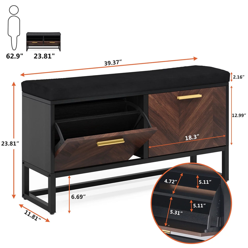 Shoe Storage Bench with Cushion & 2 Flip Drawers Z373259