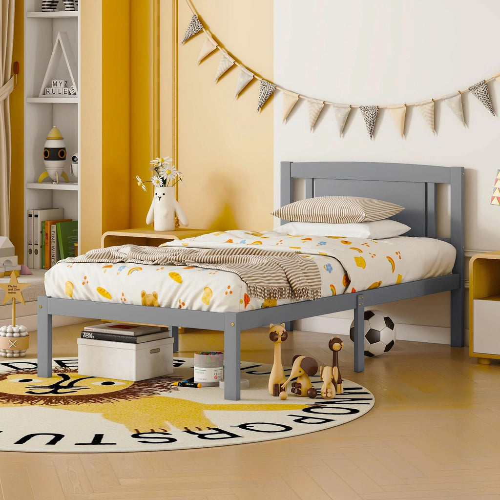 Twin Size Wood Platform Bed with Headboard D7128