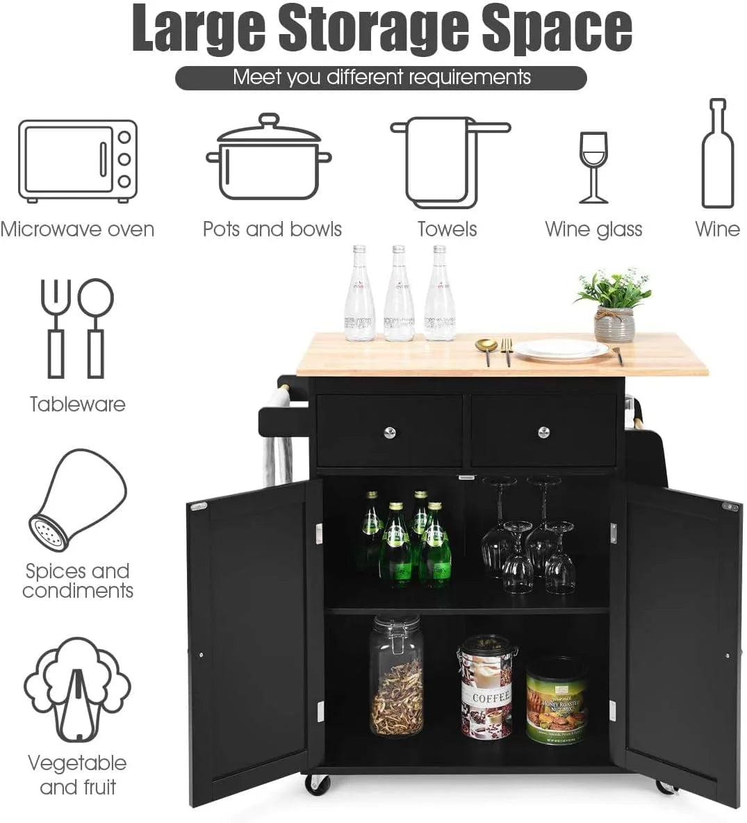 Black Wooden Kitchen Utility Cart with 2 Drawers Z649