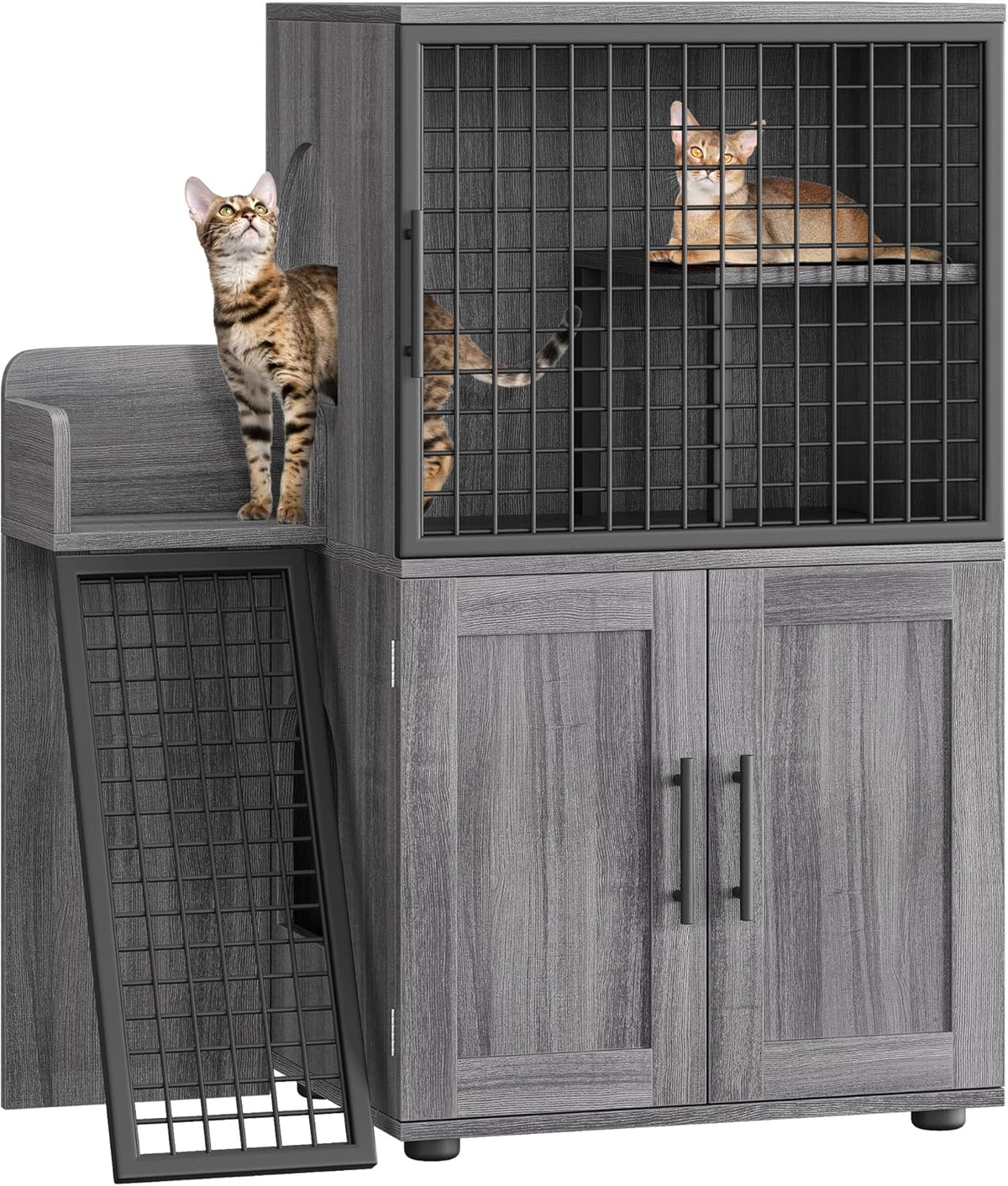 Cat Litter Box Enclosure with Platform, Double Layer Cat Litter Hidden Furniture, Large Cat Cabinet with Ladder, Wax Wood R239548