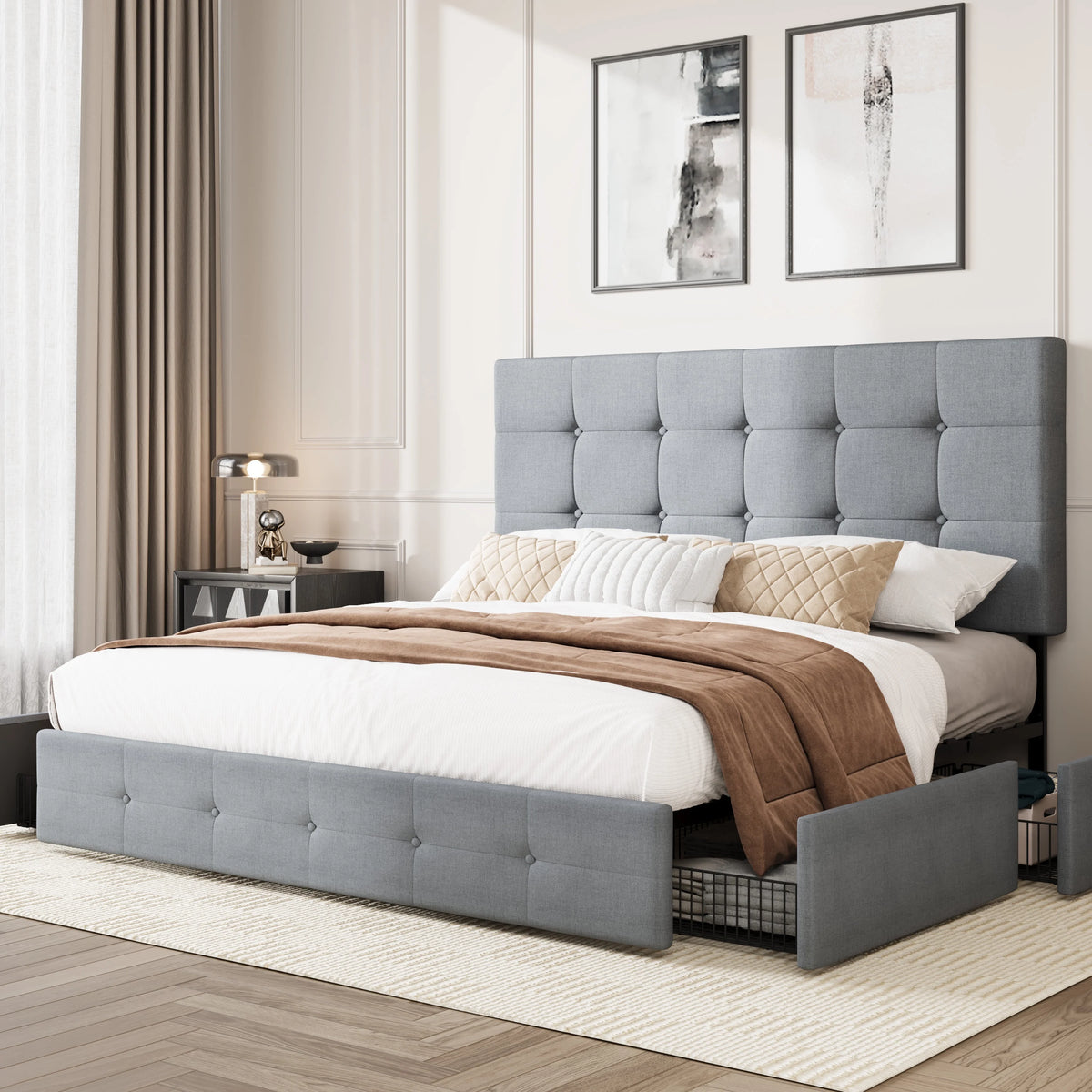 Queen Size Platform Bed Frame with Headboard and 4 Storage Drawers U735