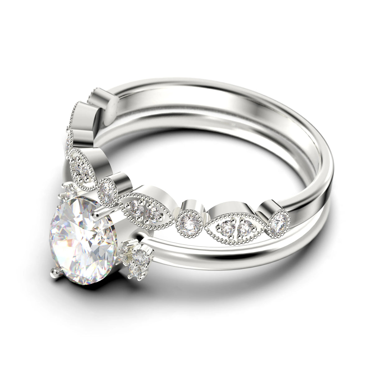 10K Solid White Gold Oval Cut Diamond Engagement Ring with Matching Band F770
