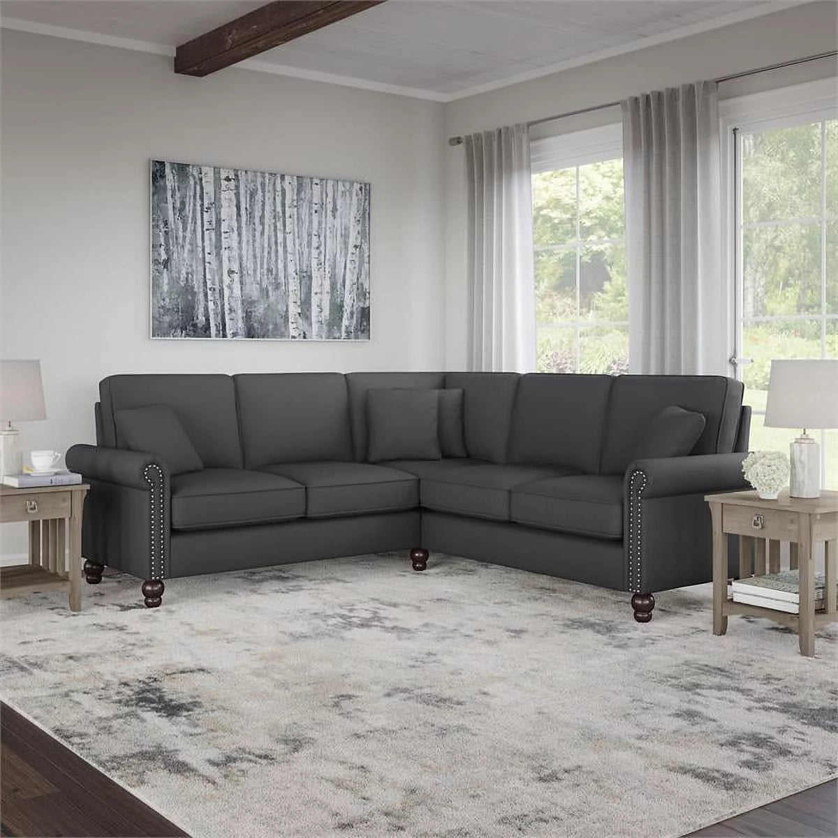 Charcoal Gray Herringbone Fabric L Shaped Sectional G765