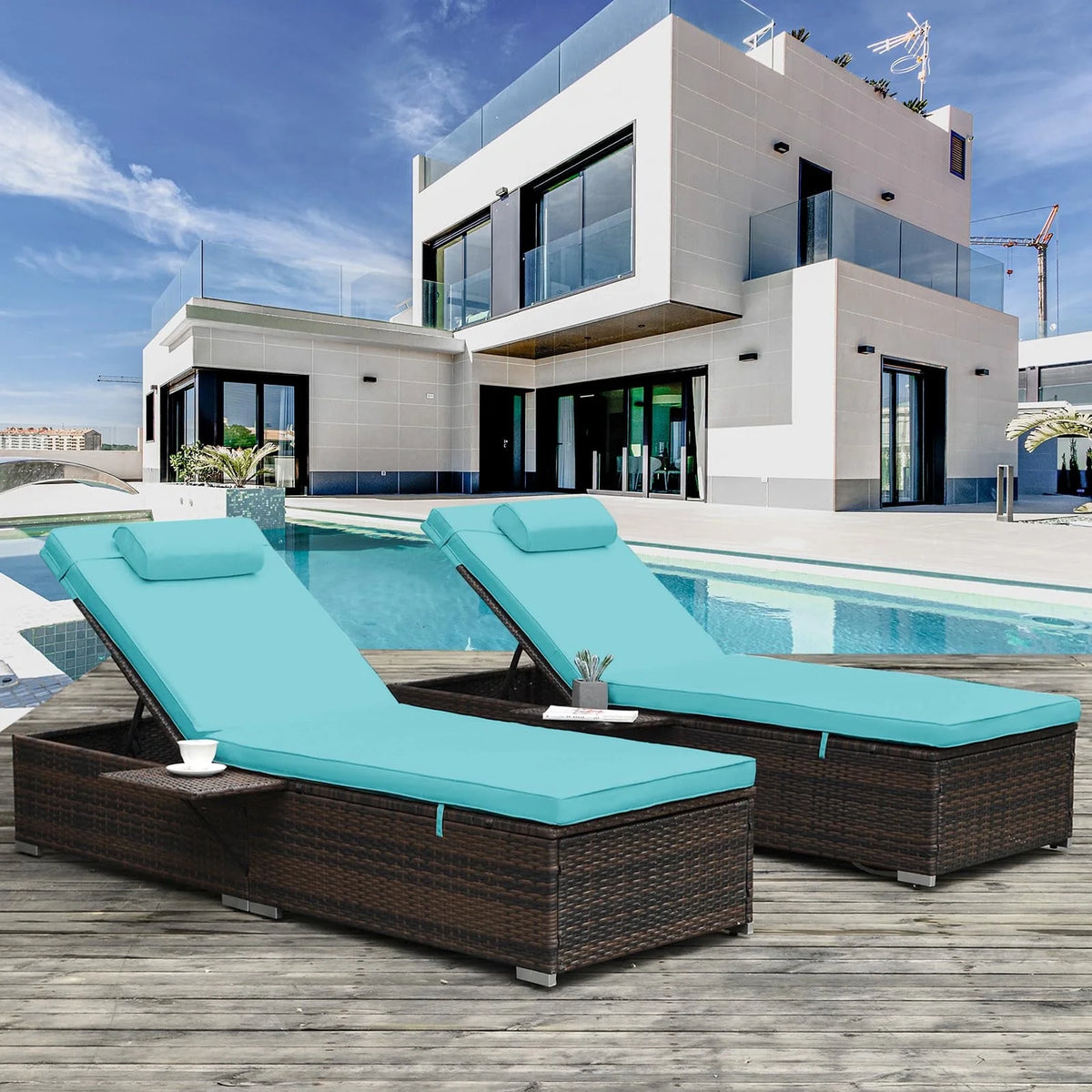 Rattan Wicker Chaise Lounge Set of 2 with Adjustable Backrest and Removable Cushions F3345