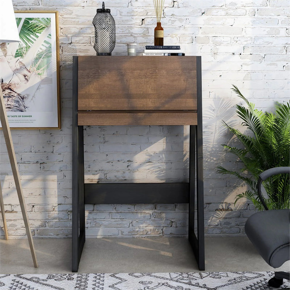 Walnut Oak Brown/Black Wood Secretary Desk Z856