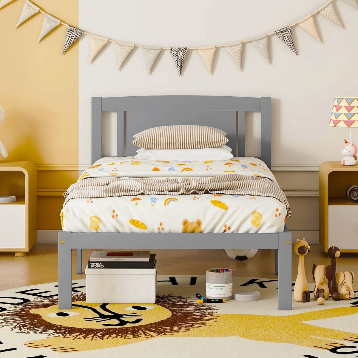 Twin Size Wood Platform Bed with Headboard D7128