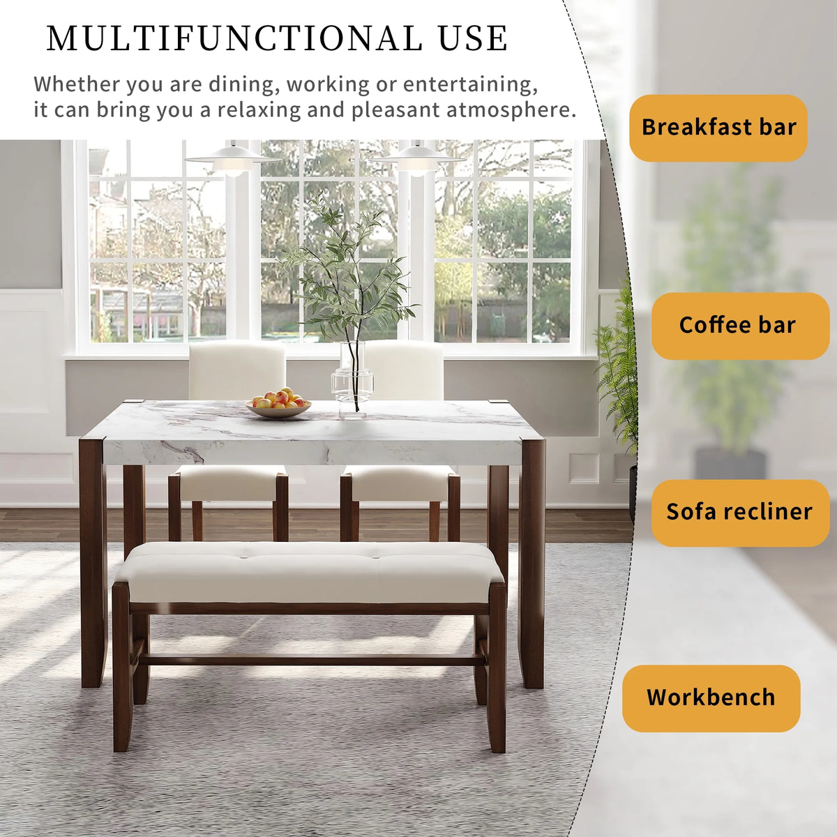 4-Piece Faux Marble Dining Furniture Set with 2 Upholstered Chairs & Bench D727089