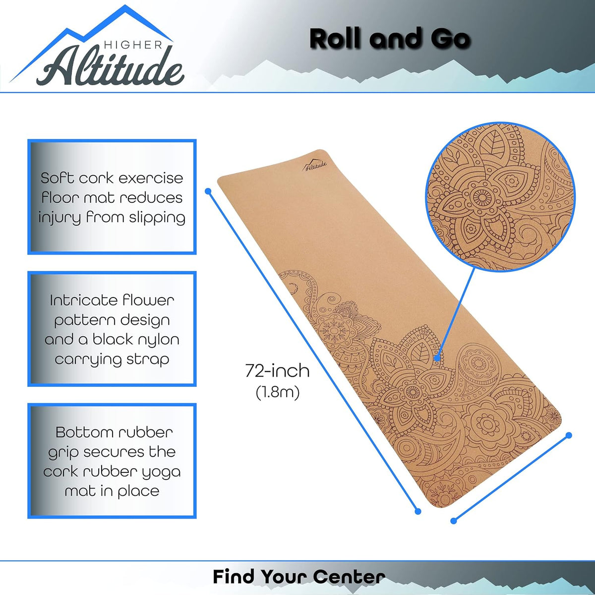 72 x 24in Cork Exercise Mat with Rubber Padding U829130