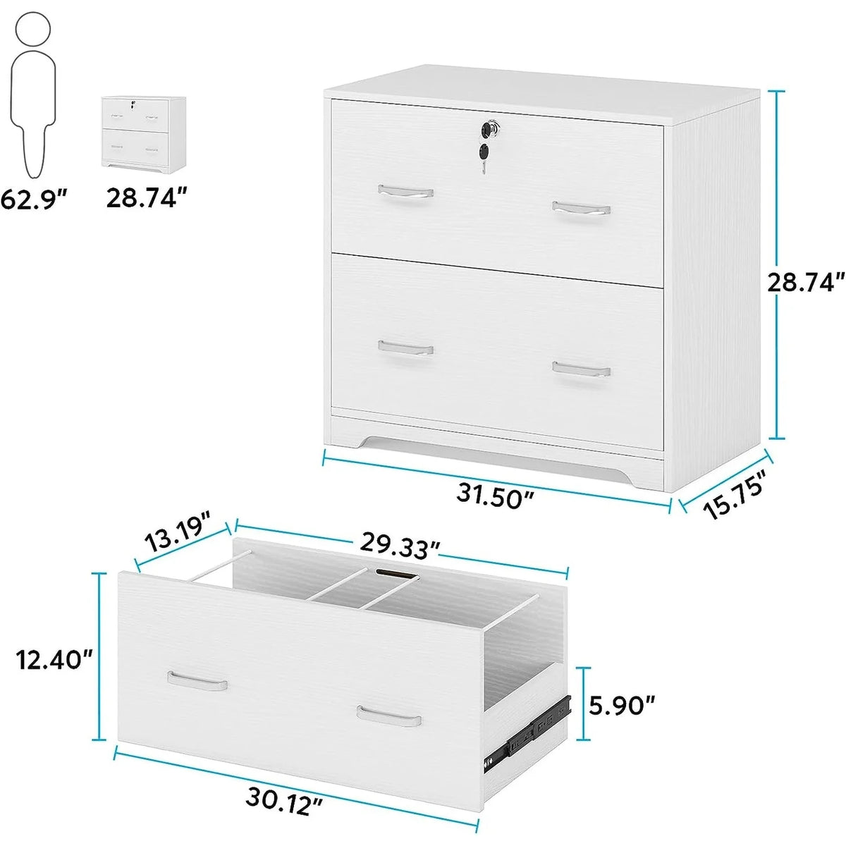 White 2-Drawer Lateral File Cabinet with Wheel Z608233
