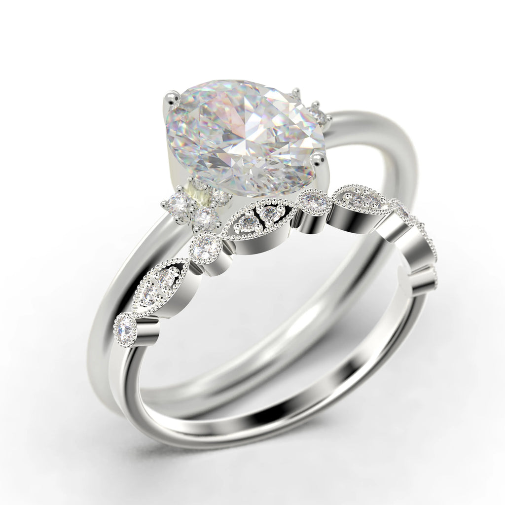 10K Solid White Gold Oval Cut Diamond Engagement Ring with Matching Band F770