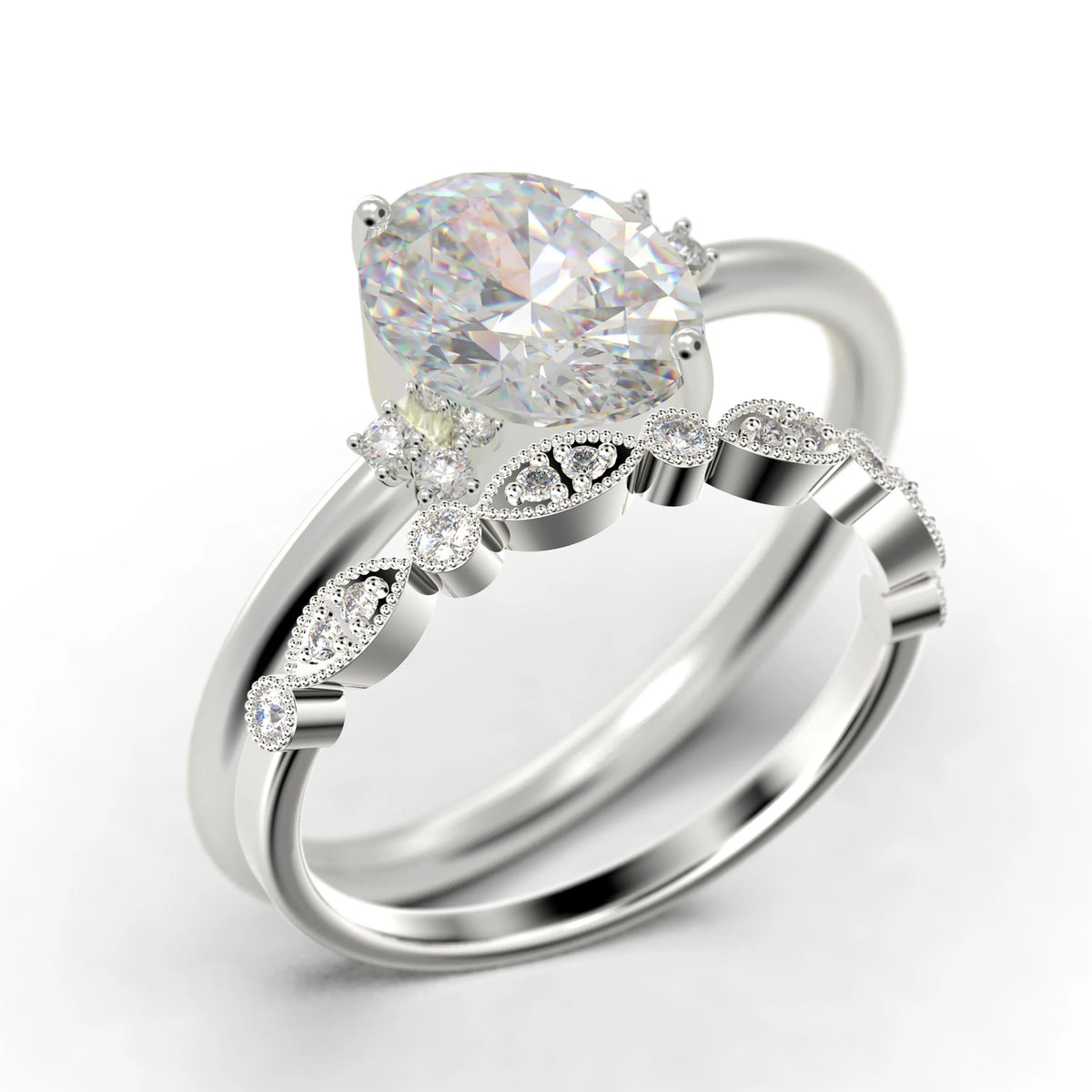 10K Solid White Gold Oval Cut Diamond Engagement Ring with Matching Band F770