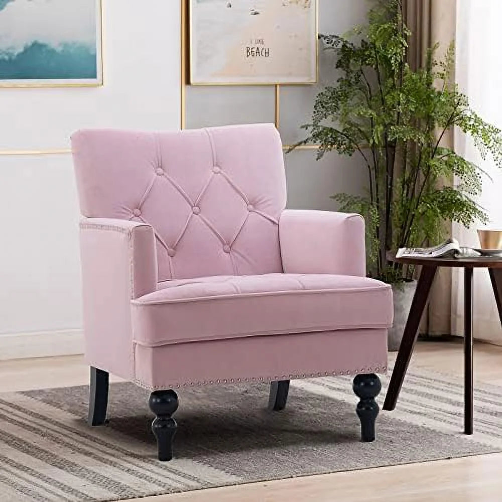 Pink Tufted Velvet Club Chair with Wooden Legs R962