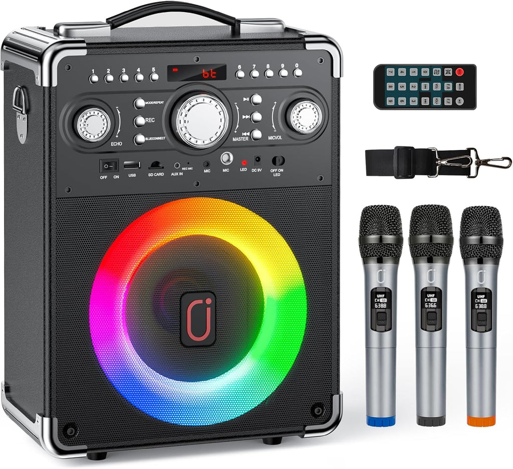 Bluetooth Karaoke Machine with 3 Wireless Microphones and Disco Lights O279