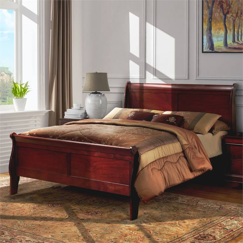 Queen Wood Sleigh Bed in Cherry Q508715