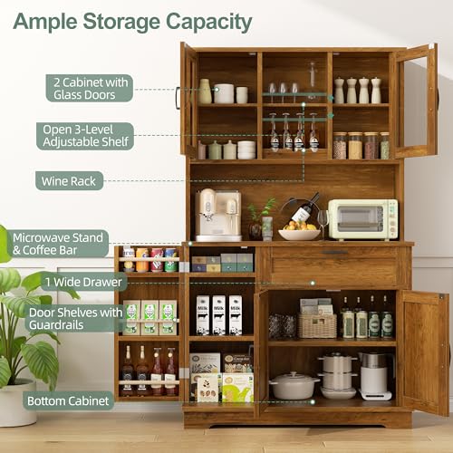 Brown Freestanding Kitchen Pantry Storage Cabinet with Microwave Stand, 4 Door Shelves, Adjustable Shelves and Wine Rack R524316