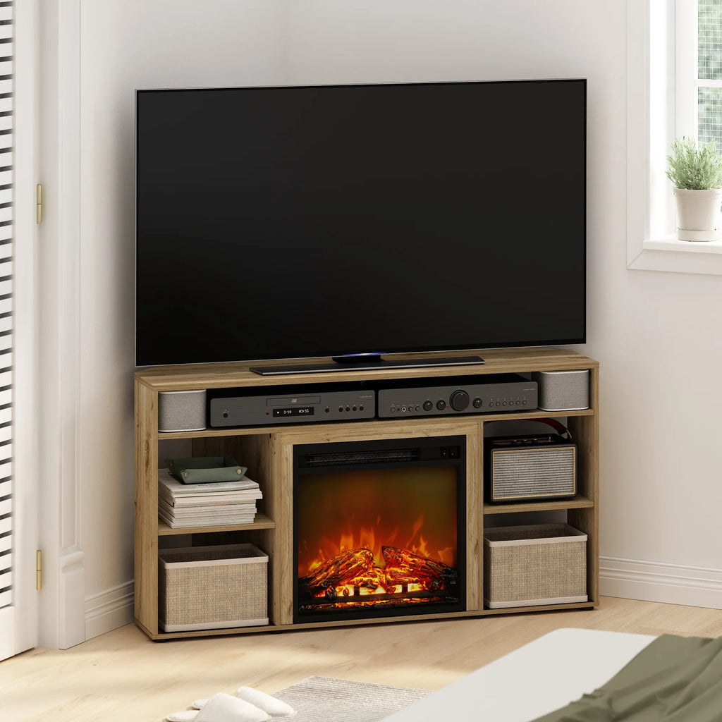 Corner TV Stand with Fireplace, Flagstaff Oak H45294