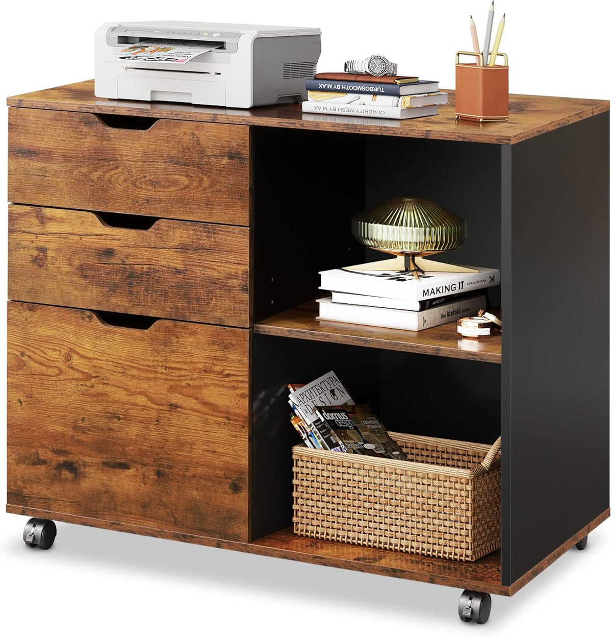 3 Drawer Wood File Cabinet with Storage Shelves B7984