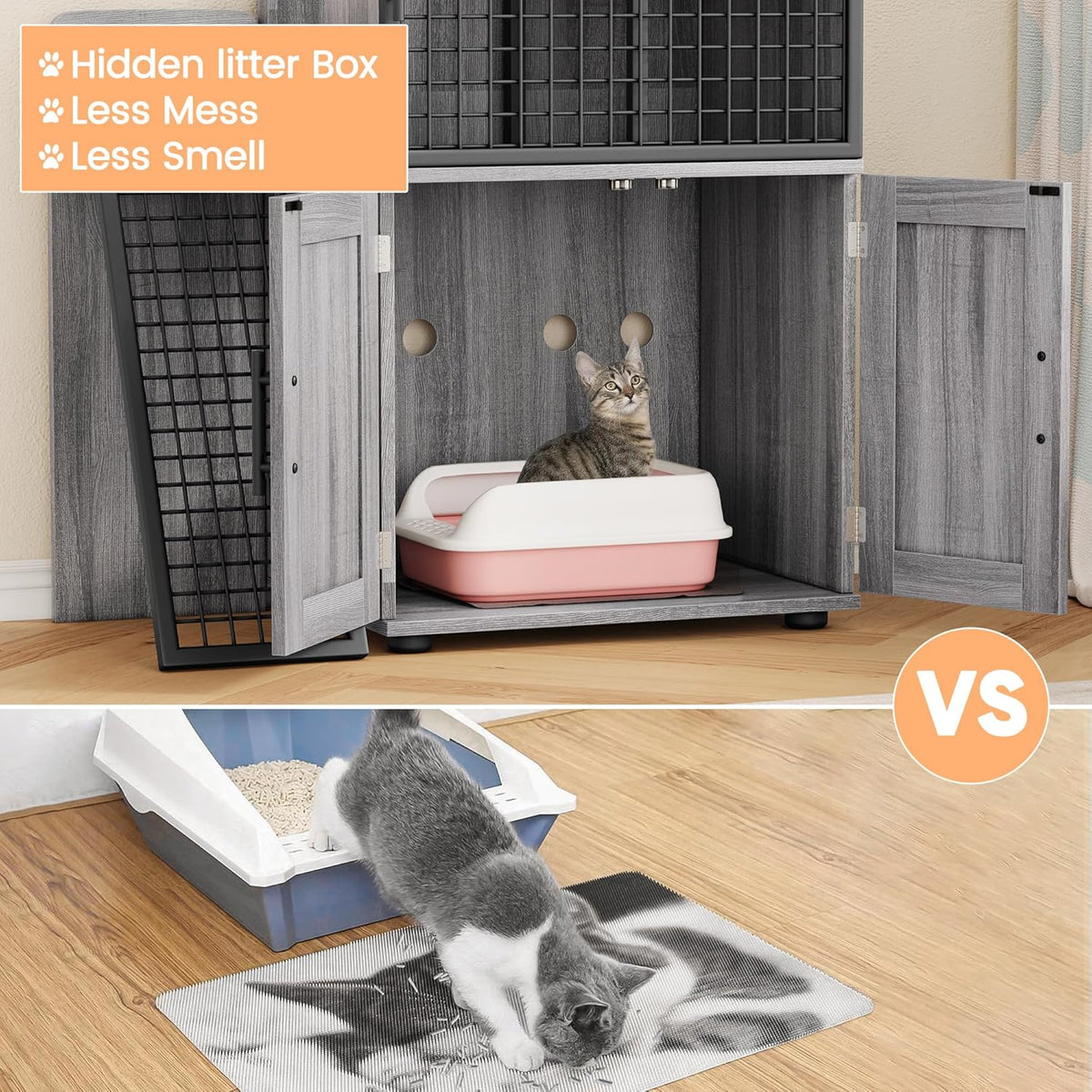 Cat Litter Box Enclosure with Platform, Double Layer Cat Litter Hidden Furniture, Large Cat Cabinet with Ladder, Wax Wood R239548