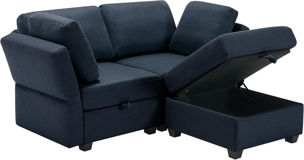 Blue 2 Seater Sectional Sofa with Ottoman and Storage Q8955