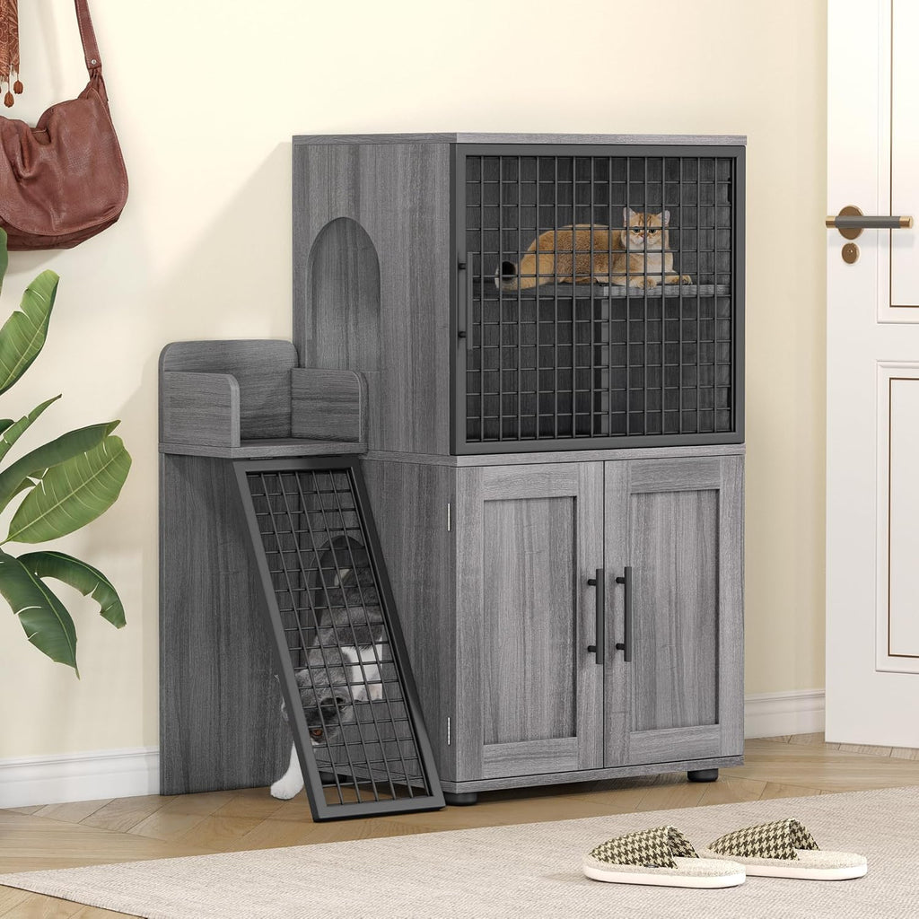 Cat Litter Box Enclosure with Platform, Double Layer Cat Litter Hidden Furniture, Large Cat Cabinet with Ladder, Wax Wood R239548
