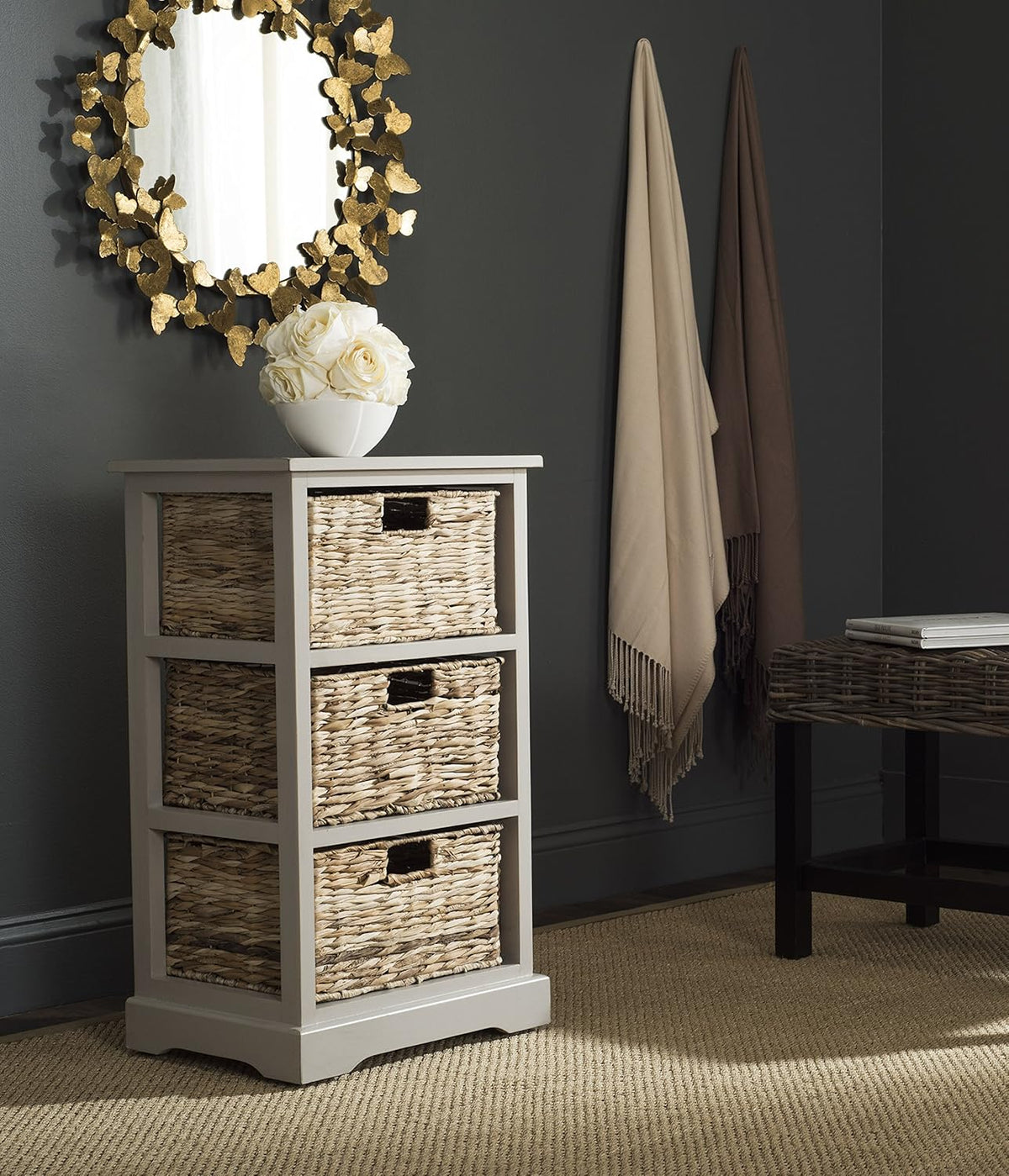 Distressed Black 3 Wicker Basket Storage Side Table N396