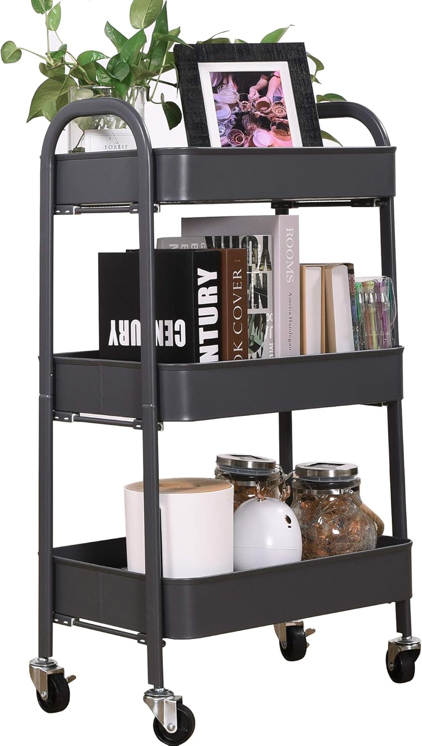 3 Tier Metal Rolling Storage Cart with Locking Wheels S69580