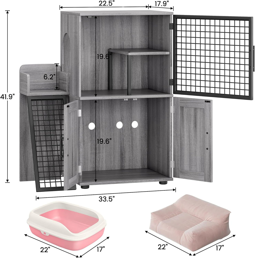 Cat Litter Box Enclosure with Platform, Double Layer Cat Litter Hidden Furniture, Large Cat Cabinet with Ladder, Wax Wood R239548