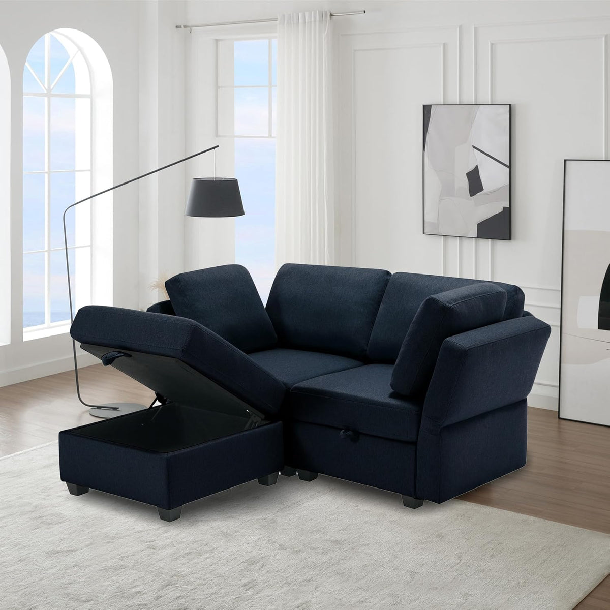 Blue 2 Seater Sectional Sofa with Ottoman and Storage Q8955