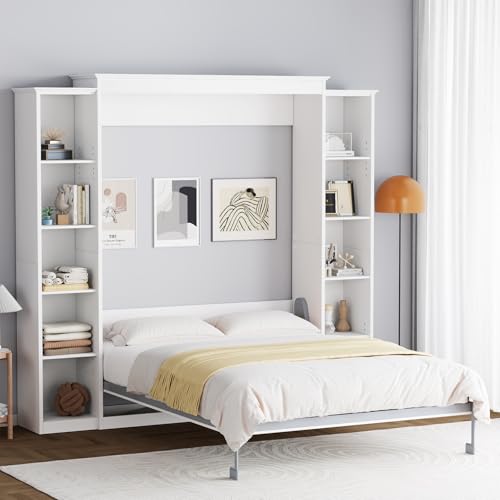 White Queen Murphy Bed Cabinet with 5-Tier Adjustable Storage Shelves E138
