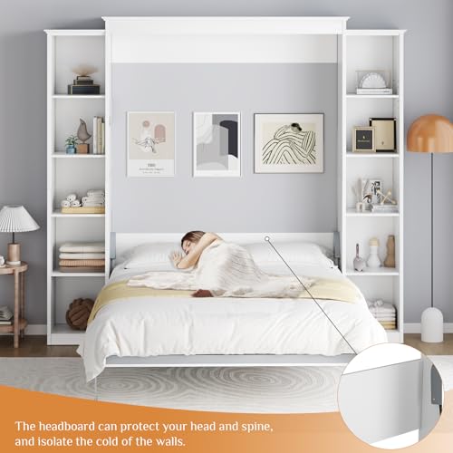 White Queen Murphy Bed Cabinet with 5-Tier Adjustable Storage Shelves E138