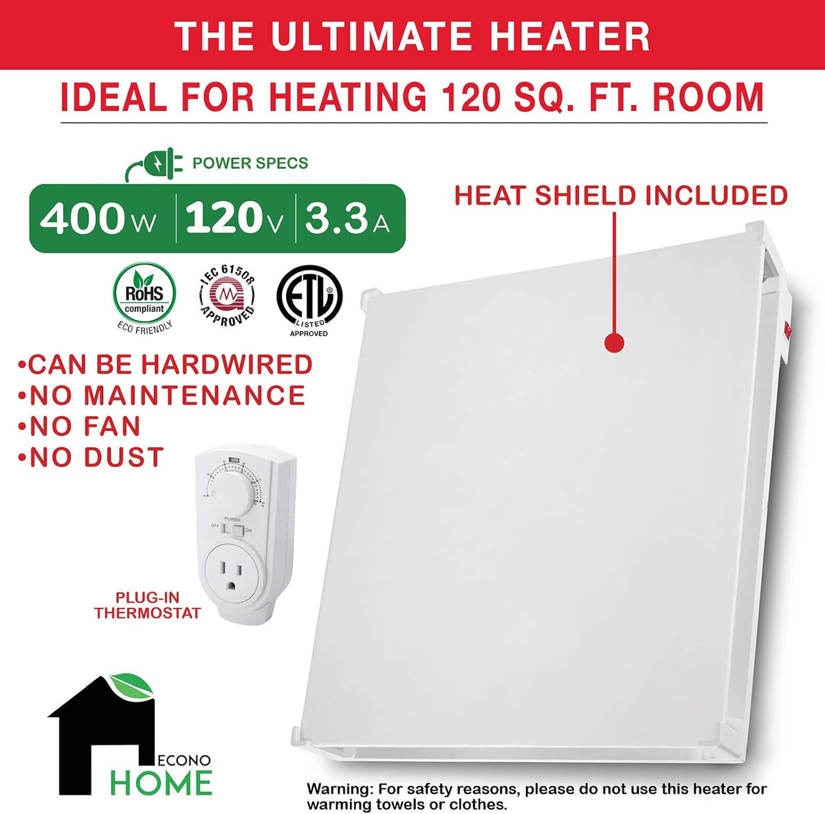 400W Wall Mount Convection Heater with Thermostat F77060