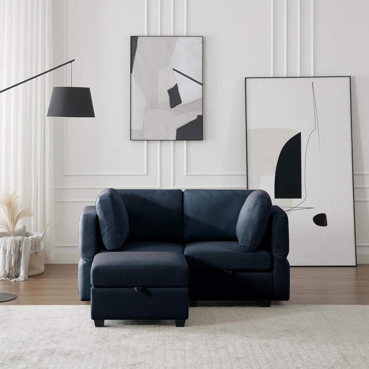 Blue 2 Seater Sectional Sofa with Ottoman and Storage Q8955